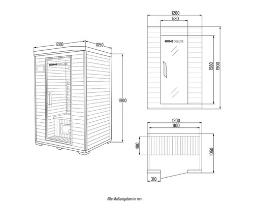 Technische tekening van een Home Deluxe sauna met maatvoering.