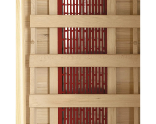Detailaanzicht van een infraroodcabine wand met houten frame en infraroodstralers