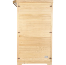 Buitenkant van een houten sauna met horizontale panelen