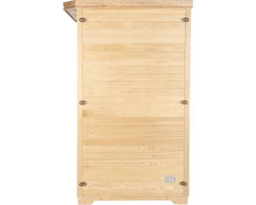 Buitenkant van een houten sauna met horizontale panelen