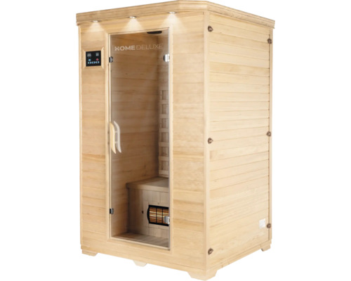 Houten sauna met glazen deur en digitaal bedieningspaneel