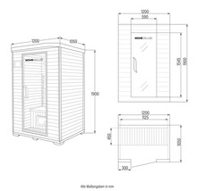 Technische tekening van een sauna met afmetingen