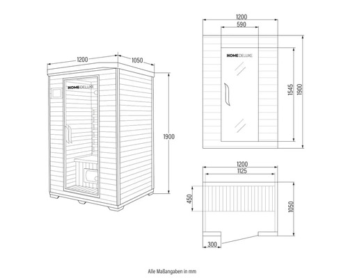 Technische tekening van een sauna met afmetingen