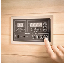 Bedieningspaneel van een Home Deluxe sauna met digitaal display en bedieningselementen