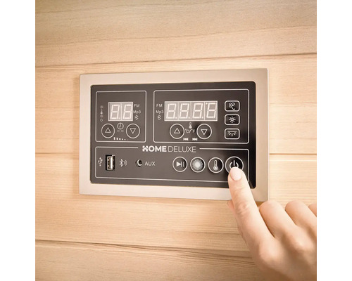 Bedieningspaneel van een Home Deluxe sauna met digitaal display en bedieningselementen