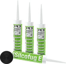 Verschillende kokers PCI Silcofug E-afdichtmiddel en een zwart afdichtmiddelmonster.