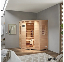 Houten hoeksauna met glazen deur in badkamer
