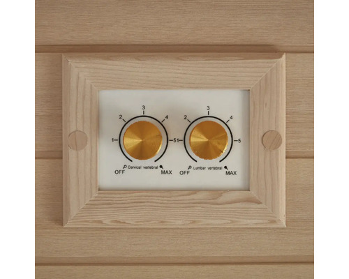 Close-up van de bedieningselementen van een sauna voor het aanpassen van de intensiteit voor de cervicale en lumbale wervelkolom