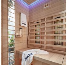 Interieur van een sauna met houten lambrisering, bank en infraroodlampen
