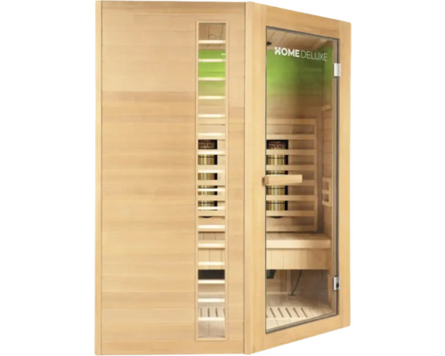 Houten infraroodsauna met glaselementen en Home Deluxe logo