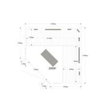 Technische tekening van een sauna met maataanduidingen