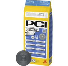 PCI Nanofug flexibele voegmortel voor alle voegbreedtes en keramische bekledingen in gele verpakking met basalt kleurvoorbeeld