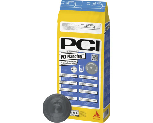 PCI Nanofug flexibele voegmortel voor alle voegbreedtes en keramische bekledingen in gele verpakking met basalt kleurvoorbeeld