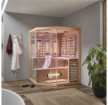 Hoekige Home Deluxe infraroodsauna met glazen deur en houten bekleding in de badkamer