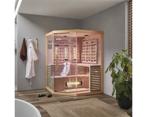 Hoekige Home Deluxe infraroodsauna met glazen deur en houten bekleding in de badkamer