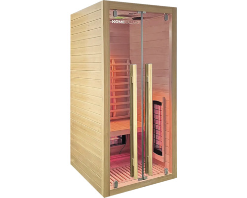 Houten infraroodsauna met glazen deur en houten handgrepen