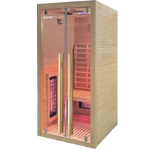 Binnenaanzicht van een sauna met glazen deur en houten bekleding