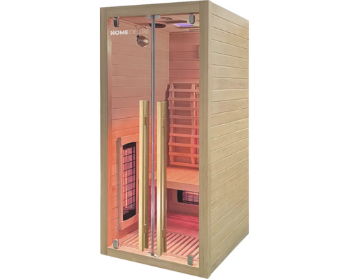 Binnenaanzicht van een sauna met glazen deur en houten bekleding