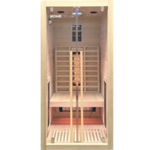Binnenkant van een Home Deluxe infraroodsauna met houten banken en verwarmingselementen.