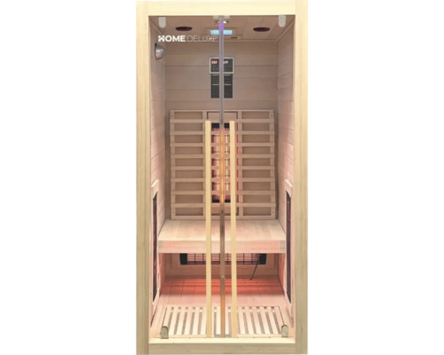 Binnenkant van een Home Deluxe infraroodsauna met houten banken en verwarmingselementen.