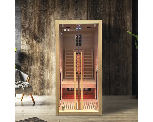 Infraroodsauna met houten bekleding en glazen deur