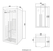 Technische tekening van een Home Deluxe sauna met afmetingen