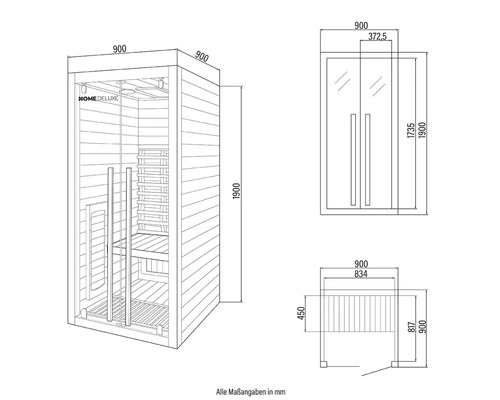 Technische tekening van een Home Deluxe sauna met afmetingen
