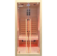 Binnenkant van een infraroodsauna met houten panelen, stoelen en digitale bediening