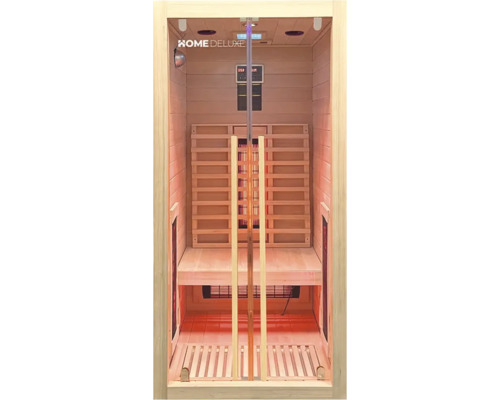 Binnenkant van een infraroodsauna met houten panelen, stoelen en digitale bediening