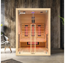 Houten infraroodsauna met glazen deur en Home Deluxe logo.