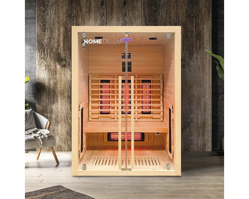 Houten infraroodsauna met glazen deur en Home Deluxe logo.
