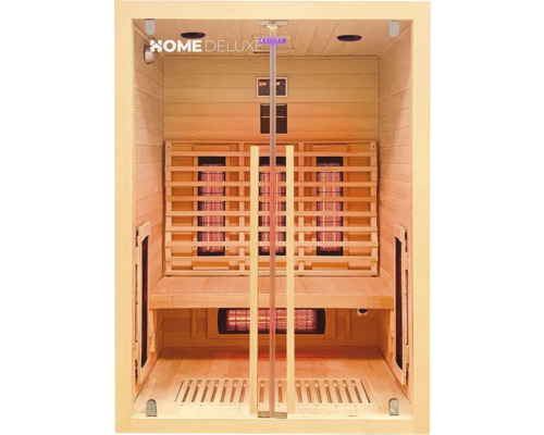 Binnenaanzicht van een houten sauna met zitbank en verwarmingselementen