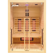 Interieur van een infraroodsauna met houten banken en lampen