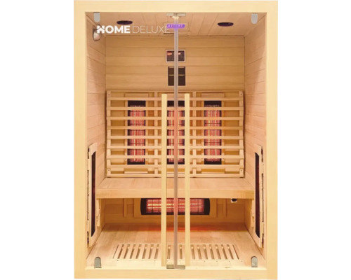 Interieur van een infraroodsauna met houten banken en lampen