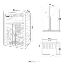 Technische tekening van een Home Deluxe sauna met afmetingen