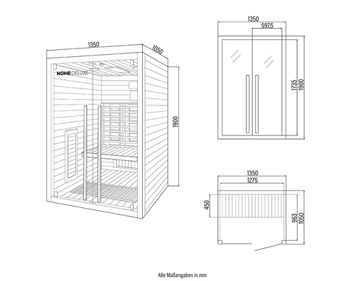 Technische tekening van een Home Deluxe sauna met afmetingen