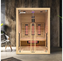 Houten infraroodsauna met glazen deur en zitbank