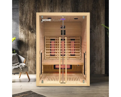 Houten infraroodsauna met glazen deur en zitbank