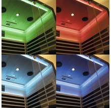 Collage van een sauna met verschillende verlichting