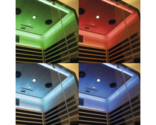 Collage van een sauna met verschillende verlichting