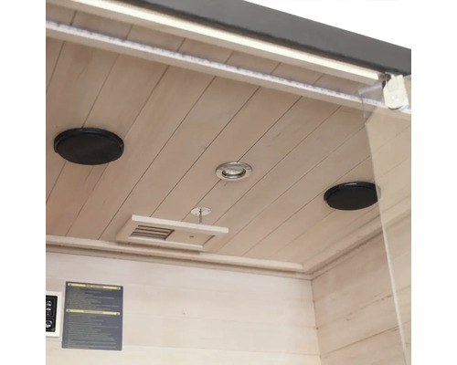 Interieur van een sauna met luidsprekers, lamp en ventilatie