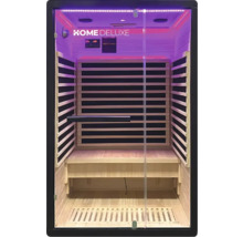 Interieurbeeld van een infraroodsauna met houten panelen, bank en glazen toegangsdeur