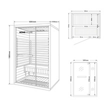 Technische tekening van een Home Deluxe sauna met afmetingen
