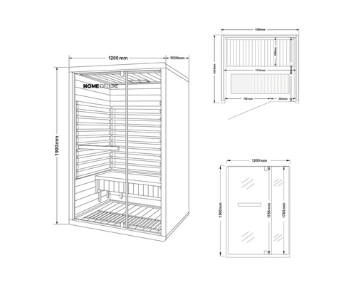 Technische tekening van een Home Deluxe sauna met afmetingen