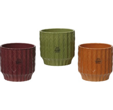 Drie keramische bloempotten met geometrisch patroon