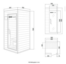Maatschets van de Home Deluxe sauna met alle afmetingen in millimeters