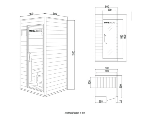 Maatschets van de Home Deluxe sauna met alle afmetingen in millimeters