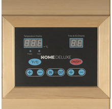 Bedieningspaneel van een Home Deluxe sauna met temperatuurweergave, tijdweergave en bedieningselementen