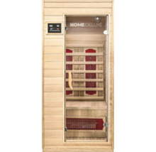 Interieur van een houten infraroodsauna met glazen deur en bedieningselementen