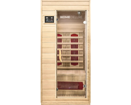 Interieur van een houten infraroodsauna met glazen deur en bedieningselementen